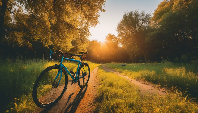 rower na polnej drodze o zachodzie słońca
